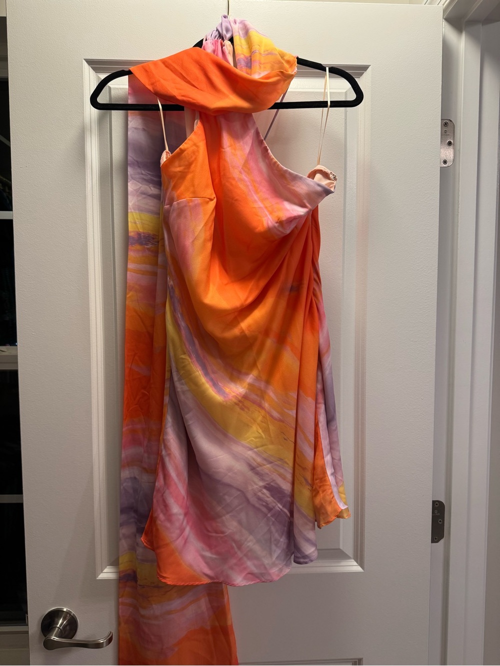 VICI sunset mini dress with scarf and open back, size M